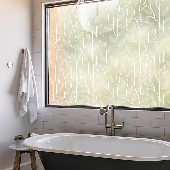 DKTIE Nordic Leaves Window Privacy Film Decorative Stained Glass Sun Blocking Heat Control with Free Installation Tools, Privacy Window Film Day and Night (White, 17.7'' x 118.1'')