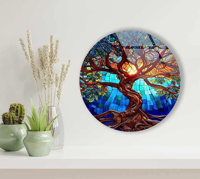 My Photostation.com 60WX40H'' Stained Blue Life of Tree Glass Wall ArtTempered Glass Printing Wall Decor Large Wall Art Wall Hangings