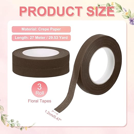 MECCANIXITY 3 Rolls Floral Tapes, 30 Yard x 1/16 in Florist Crepe Flowers Bouquets Tape Adhesive Waterproof for Flower Arranging Wrapping, Coffee