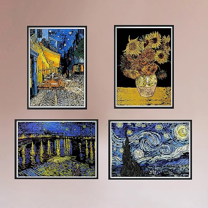 Scratch Art Painting 4 Pcs Vincent Van Gogh Scratch Rainbow Paper Set for Adults and Kids, DIY Sketch Card Engraving Craft Night View Scratchboard with 4 Tools - Cafe Terrace, Sunflowers, Starry Night