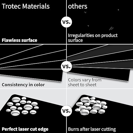 Trotec TroLase | 12"x12"x1/16", 8 Pcs | Black/White/Black | 3 Ply | Modified Acrylic | Laser Engraving Double Color Plastic Sheet | Engraving Blanks for Laser, Saw, Guillotine | Made in USA