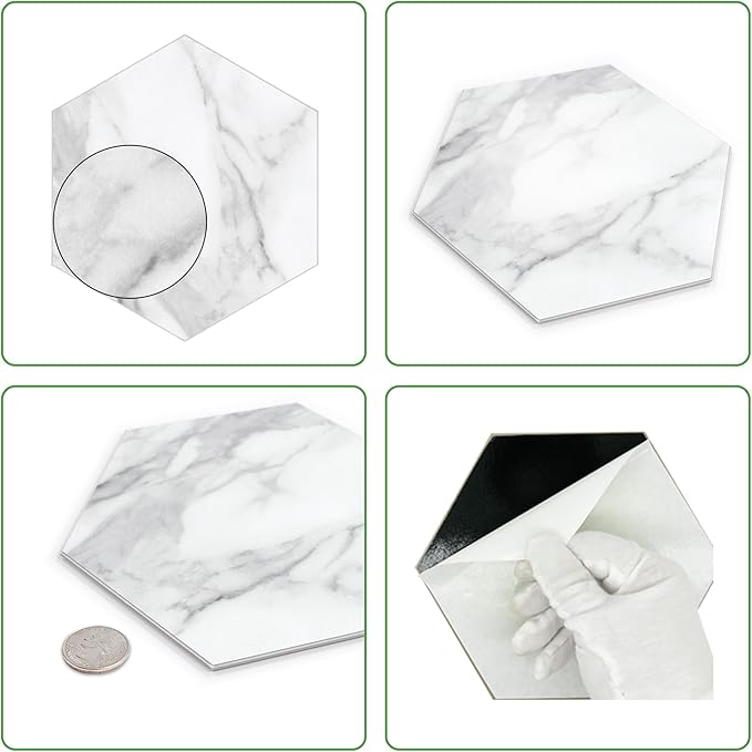 45-Sheet Hexagon Peel and Stick Backsplash, 6" x 7" White Calacatta Marble Looks Self Adhesive Wall Tile, Stone Composite Stick on Decorative Mosaic Tile for Kitchen Bathroom Fireplace