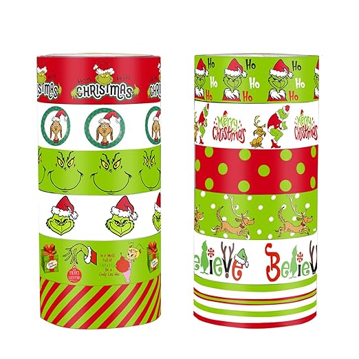 Christmas Washi Tape Set - 12 Rolls with Funny Cartoon Character Design in Green and Red for Festive Crafting and Gift Wrapping - 196.85ft Total Length