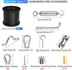 164FT Black Vinyl-Coated 304 Stainless Steel Cable – Heavy Duty String Lights Hanging Kit with Turnbuckle, Thimble & Hooks for Outdoor, Patio, Garden, Christmas Lights