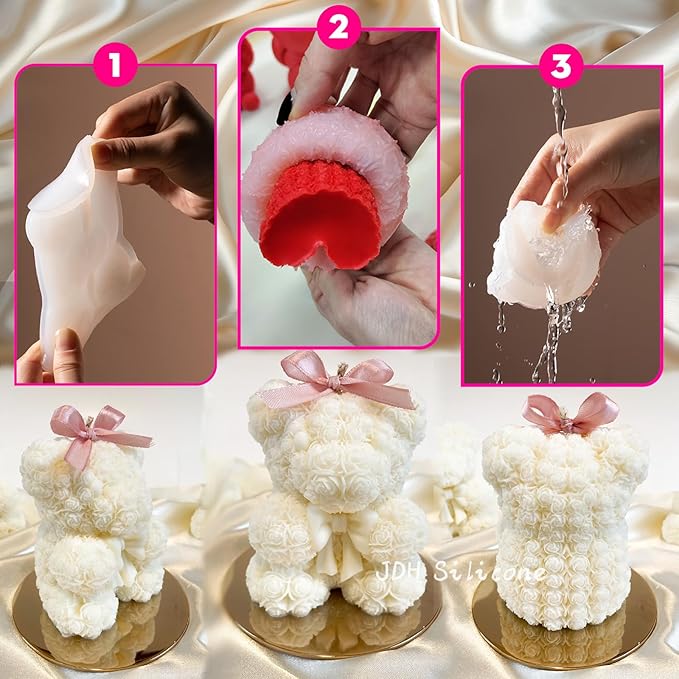 3D Bowtie Rose Bear Candle Mold - Teddy Bear Silicone Mold for DIY Handmade Soaps, Epoxy Resin Crafts, Father's Day Gifts, Birthday Gifts, Valentine's Day Gifts & Home Decorations