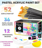 52 PCS Pastel Acrylic Paint Set with 12 Brushes, 2 Knives & Palette, 36 Colors (2oz/60ml) Art Craft Paint for Adults Kids Artists Beginners, Halloween Pumpkin Canvas Ceramic Rock Painting Kit