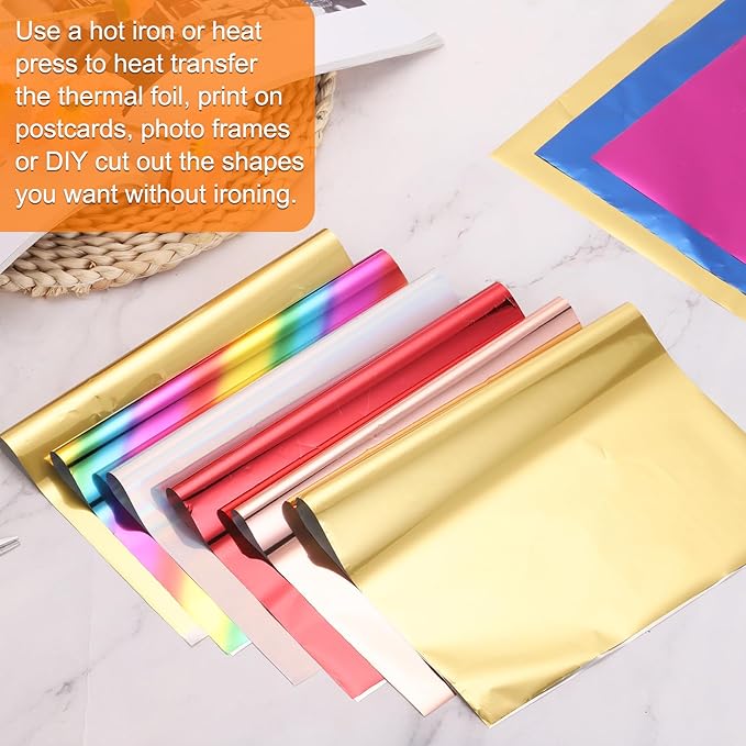 MECCANIXITY 50 Sheets Heat Reactive Foil, 20x29cm Gold Foil Transfer Sheets Toner Reactive Foil Transfer Foil Sheets Hot Foil Stamping Paper for Crafts DIY Cardmaking Album Decoration