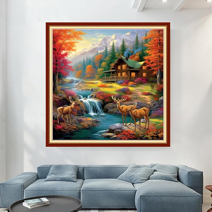 Magxvouy Cross Stitch Kits Stamped Full Range of Embroidery Kits,Cross Stitch Patterns Needlework Kits for Beginners 11CT Printed Kits&Deer by The Lake 18x18 inch