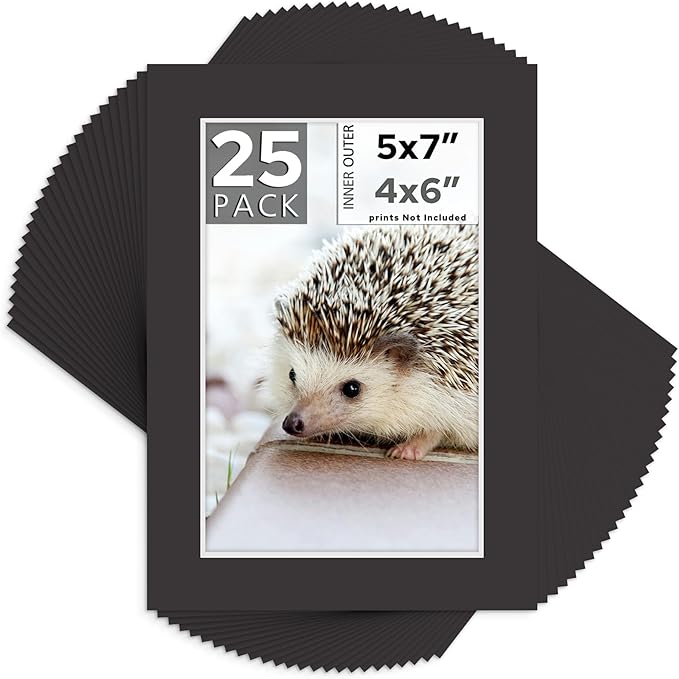 Mat Board Center, Pack of 25, 5x7 for 4x6 Black Mats - Acid Free, 4-ply Thickness, White Core - for Pictures, Photos, Framing