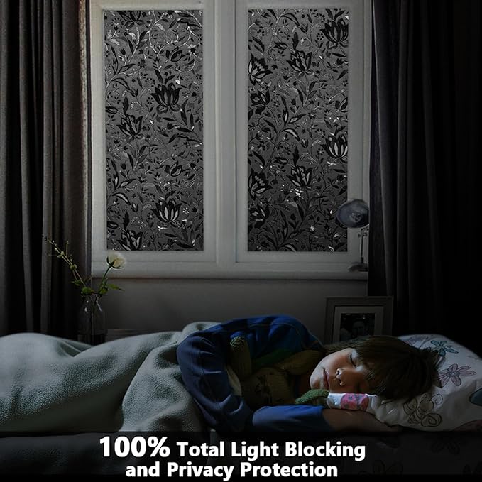 LEMON CLOUD Total Blackout Window Film Privacy Static Cling Frosted Black Window Covering 100% Opaque Film Tint Darkening Removable Film for High Privacy，(Blackout Tulip Design,23.6 x157.4 inches)