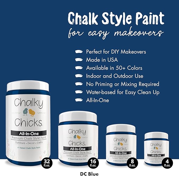 Chalky Chicks All-in-One Chalk Paint for Furniture or Cabinet - 8 Fl Oz - Matte Finish DC Blue Navy Blue for Metal, Wood Furniture Paint - No Sanding All-in-One for Home Decor & Crafts, USA Made