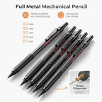 Nicpro Black Art Mechanical Pencil Set, 5PCS Metal Drafting Pencils 0.3, 0.5, 0.7, 0.9 mm & 2mm Graphite Lead Holder For Sketching Drawing With 9 Tubes (4B 2B HB 2H Colors) Lead Refills Erasers Case