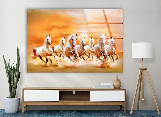 My Photostation.com 20Wx14H'' White Horses Running on Sunset Glass Wall ArtTempered Glass Printing Wall Decor Large Wall Art Wall Hangings