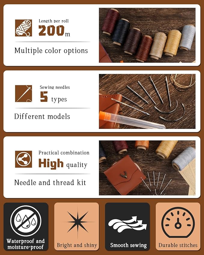 DIUDUS 218 Yards Upholstery Thread, Waxed Thread with Upholstery Needle, Heavy Duty Sewing Kit for Hand Sewing Carseat Sofa Leather Repair