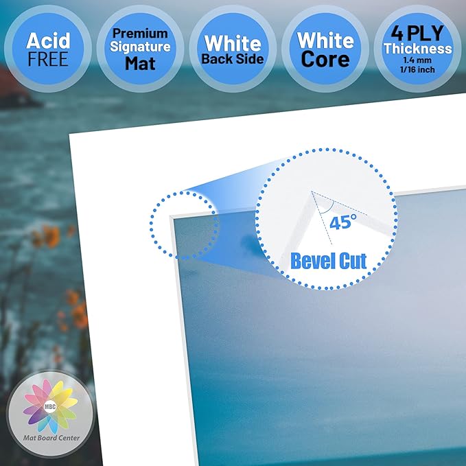 Mat Board Center, Pack of 10, 20x24 for 16x20 White Photo Picture Mats - Acid Free, 4-ply Thickness, White Core - for Pictures, Photos, Framing