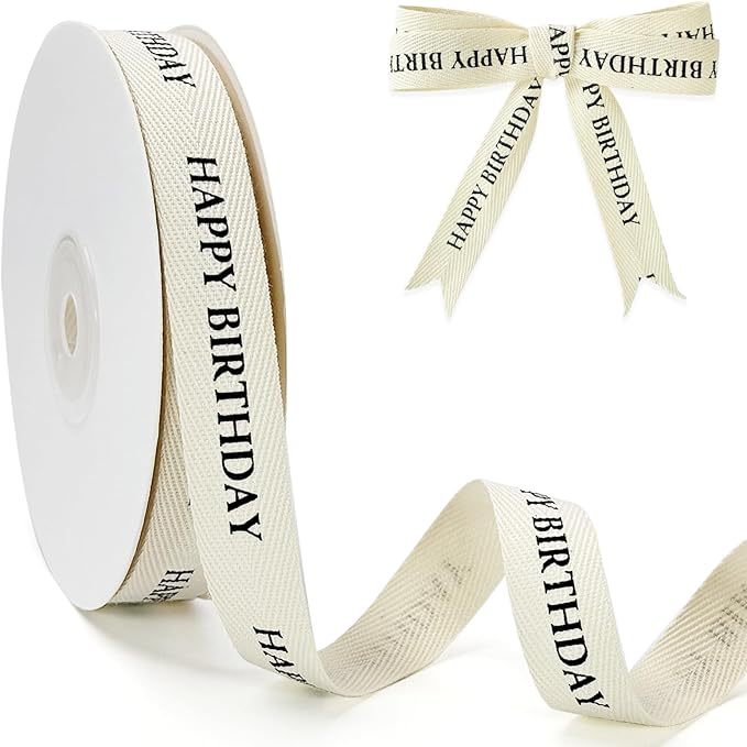Cotton Herringbone Ribbon - Natural Twill Tape for Custom Gift Wrapping & DIY Crafts-5/8 Inch x 15 Yards - Happy Birthday Printed Phrase