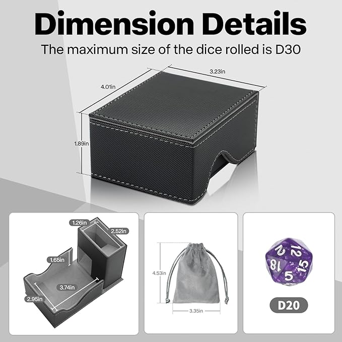 Dice Roller Tower, Premium DND Magnetic Dice Tray, Foldable PU Leather Dice Tower RPG Gifts for Dungeons and Dragons MTG Dm & Player Black/Grey