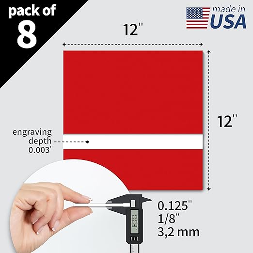Trotec TroLase | 12"x12"x1/8", 8 Pcs | Red/White | 2 Ply | Modified Acrylic | Laser Engraving Double Color Plastic Sheet | Engraving Blanks for Laser, Saw, Guillotine | Made in USA