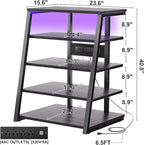 Armocity 5-Tier AV Media Stand with Power Strips, Media Console with LED Lights, Audio Tower Rack with Adjustable Shelves, Stereo Stands and Racks, 40.8'', Black Ebony