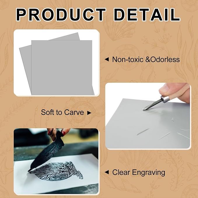 Yeaqee 2 Pcs 12 x 12 Inch Linoleum Block Rubber Carving Block Soft Linocut Blocks Large Linoleum Sheet Unmounted Lino Plates for Engraving Art Project Printmaking Artist Studio Supplies, Gray