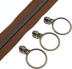 Leekayer #5 Antique Brass Metallic Nylon Coil Zippers by The Yard Bulk 10 Yards with Ring Pulls(Brown Tape with 25pcs Brass Sliders for DIY Sewing Tailor Craft Bag(Brown)