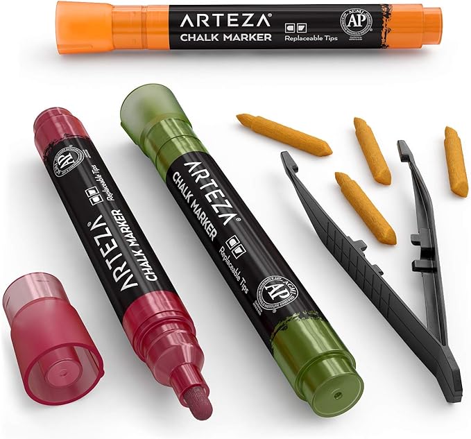 ARTEZA Pastel Liquid Chalk Markers, Set of 16, Tweezers, Labels, Stencils, Erasable, Water Based Pens for Chalkboards, Glass, Windows, and More