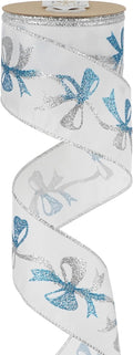 MEEDEE Blue & Silver Christmas Ribbon, 2.5 Inch Wired Satin Ribbon with Turquoise & Silver Glittery Bows, 10 Yards (30 Feet), Perfect for Tree, Garlands, Toppers & Bows