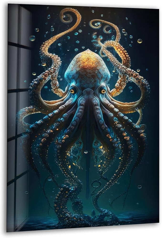 My Photostation.com 30Wx35.5H'' Underwater Blue Octopus Glass Wall Art Tempered Glass Printing Wall Decor Large Wall Art Wall Hangings