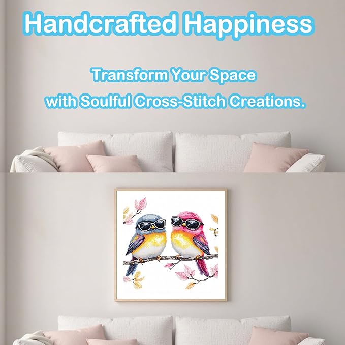 51buyoutgo 11CT Stamped Cross Stitch Kits for Adults - 12x12 in Embroidery Kit with Funny Easy Washable Colorful Birds Pattern, Pre Printed Fabric, Fit for DIY Home Decor, Mom Gifts & Stress Relief