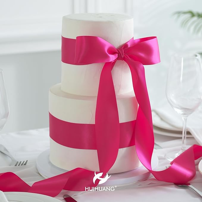 HUIHUANG Hot Pink Satin Ribbon - 2 inch Wide, Double Faced, Fuchsia - 25 Yards/Roll for Gift Wrapping, Bows Making, Flower Bouquet, DIY Crafts, Wedding, Bridal Shower, Holiday Party Decor