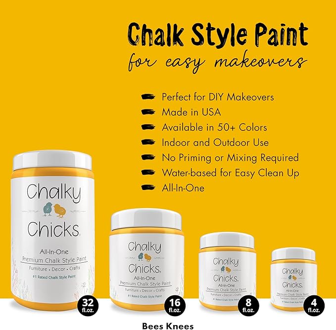 Chalky Chicks All-in-One Chalk Paint for Furniture or Cabinet - 8 Fl Oz - Matte Finish Bees Knees (Yellow) for Metal, Wood Furniture Paint - No Sanding All-in-One for Home Decor & Crafts, USA Made