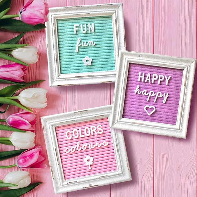 Mini Rustic Felt Letter Board Farmhouse Trio Changeable Message Boards by Felt Creative Home Goods Vintage Style Frames 3 Pack Bundle White Letter Set with Cursive Months Days (6x6) Color Edition