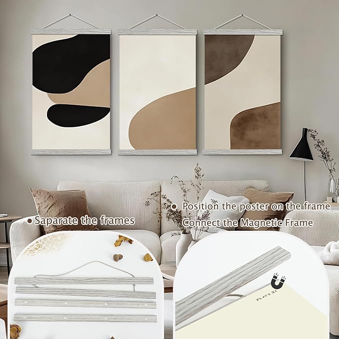 Artmag Magnetic Poster Hanger Frame, Light Wood Wooden Magnet Canvas Artwork Print Poster Hangers for 15x36 15x30 15x21 Frames Hanging Kit (Grey, 15")