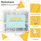 Huhuhero 340 Pack Safety Pins Assorted, Small & Large Heavy Duty Safety Pins for Clothes Costume Sewing, 5 Different Sizes Nickel Plated Steel Pin Bulk, Crafts Art Supplies, Silver