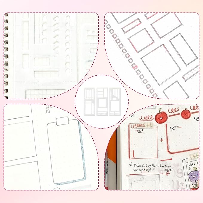 3 Pcs Journal Stencil Set – Reusable Flexible Templates for Dotted Journals & Planners, Drawing & Lettering Aids for DIY Checklists, Calendars, Scrapbooking & Daily Tracking (B)