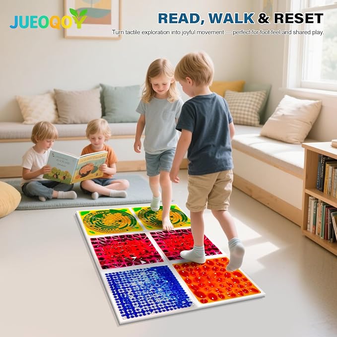 Liquid Sensory Floor Tiles for Kids Ages 3+, 12" Textured Step-On Tiles with Non-Slip Base, Interactive Color-Flow, Assorted Colors, Sensory Path Starter Set (4-Pack)