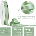 HUIHUANG Sage Green Satin Ribbon 1/2 inch X 50 Yards Continuous, Light Green Double-Faced Satin Ribbon for Gift Wrapping, Bows, DIY Crafts, Flower Bouquet, Bridal Shower Wedding Decor