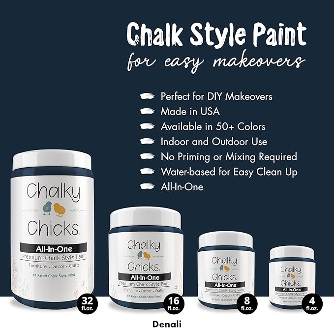Chalky Chicks All-in-One Chalk Paint for Furniture or Cabinet - 8 Fl Oz - Matte Finish Denali (Deep Blue) for Metal, Wood Furniture Paint - No Sanding All-in-One for Home Decor & Crafts, USA Made