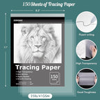 Tracing Paper 8.5x11 inch, 150 Sheets Transparent Vellum Paper for Tracing Pads, Translucent Tracing Paper for Pencil, Marker and Ink - Trace Images, Sketch, Preliminary Drawing, Overlays, Black