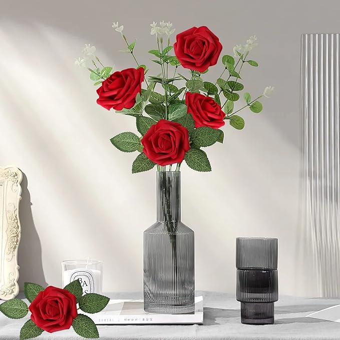 AmyHomie Artificial Flowers Dark Red Rose 100pcs Real Looking Fake Roses w/Stem for DIY Wedding Bouquets Centerpieces Arrangements Party Baby Shower Home Decorations