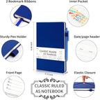 feela 5 Pack Journal Notebook Bulk for School, Hardcover Business Notebooks Classic Ruled Lined Journals with Pen Holder for Work Note Taking, with 5 Black Pens, 120 GSM, 5.1”x8.3”, A5, Navy