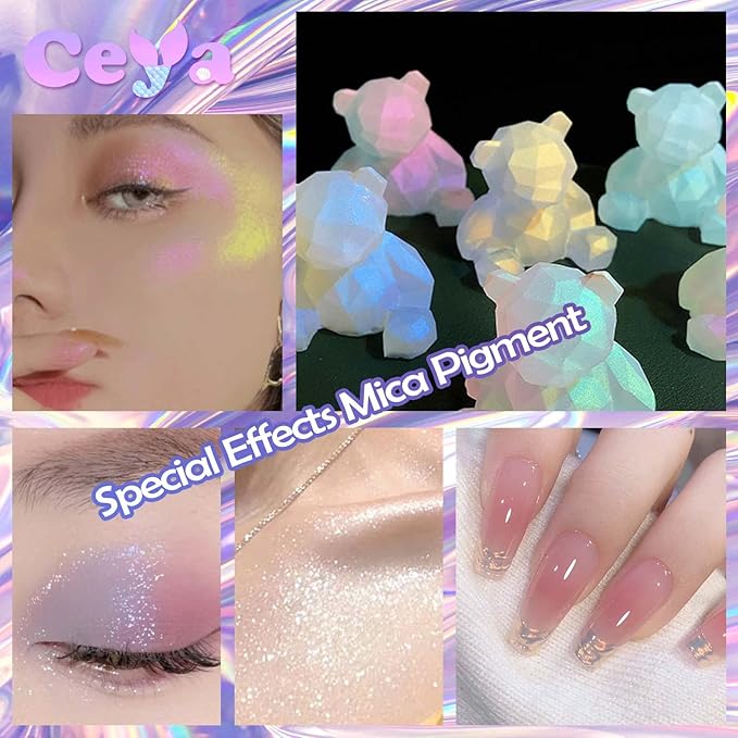 Ceya Interference Mica Powder, 1.8oz/ 50g Pearl White Chrome Nail Powder, Cosmetic Grade Pearlescent Effect Color Shift Pigment for Epoxy Resin, Makeup, Nail Polish, Soap Candle Making, Slime, Paint