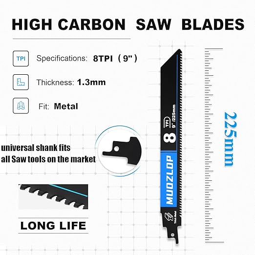 5 Pack 9 inch Reciprocating Saw Blades Set，8 TPI High Carbon Saw Blades for Metal ，Saw Blades with Organizer Case (5, 8T/9inch)