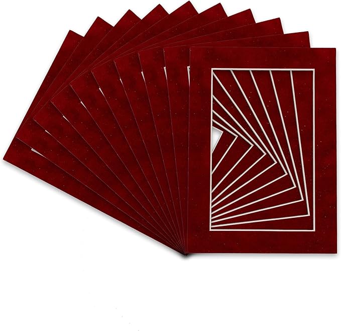 Pack of TEN 11x14 Mats Bevel Cut for 8.5x11 Photos - Acid Free Bright Red Suede Precut Matboards For Pictures, Photos, Framing - 4-ply Thickness