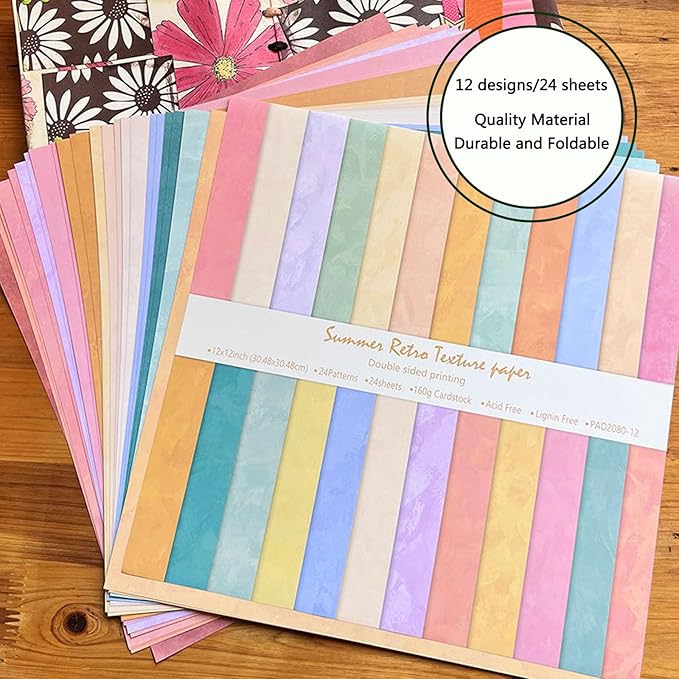 Scrapbook Paper 12x12, Double-Sided Suede Textured Craft Paper Set 24 Sheets/24 Designs, Warm Boho Tone for Decorative Paper, Greeting Cards, Photo Album Decoration