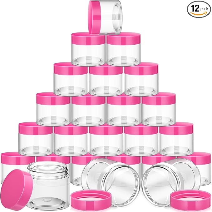 SATINIOR 12 Pack 8 oz Plastic Container Jars with Lids Round Clear Travel Cosmetic Container Slime Jars for Toiletries, Lotion, Cream, Ointments, Makeup, Rhinestone, Samples, Kitchen Storage(Pink)