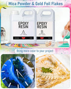 1 Gallon Epoxy Resin Kit with 24 Colors Mica Powder, Gold Foil, Cups & Stick, Crystal Clear Resin Beginner Supplies for Coating Casting Table, Molds, Jewelry Making, DIY Art Craft, 1:1 Ratio