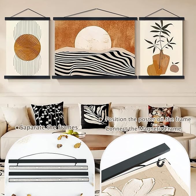 Artmag Magnetic Poster Hanger Frame, 24x36 24x32 24x18 Light Wood Wooden Magnet Canvas Artwork Print Poster Hangers Frames Hanging Kit (Black, 24")