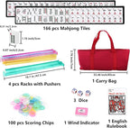 American Mahjong Tile Set – 166 White Tiles, 4 All-in-One Color Racks with Pushers, 3 Dice, Portable Red Carrying Bag – Complete Mahjong Game Set