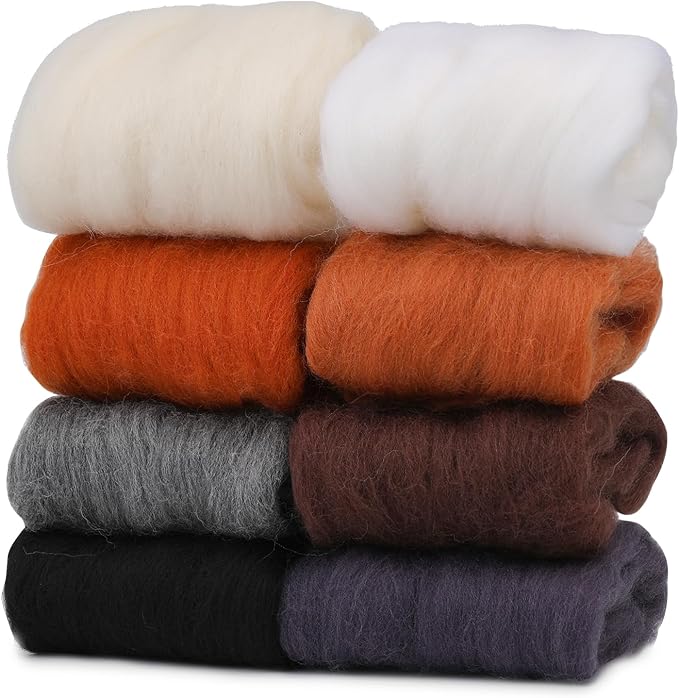 Wonvoc Needle Felting Wool 2.82 OZ (80 g), 8 Colors Wool Roving, Felting Wool Bulk, Wool Roving for Needle Felting, for DIY Craft Materials, White, Black, Brown